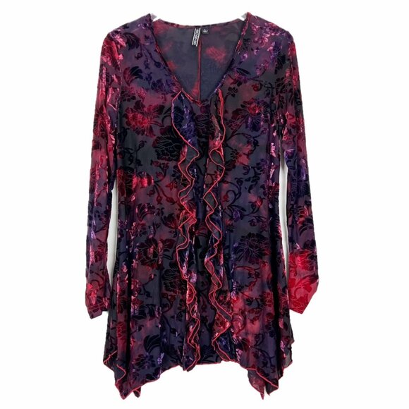 Snoskins Blouse Womens Large Black Red Purple Sheer Velvet Burnout Floral Ruffle - Picture 1 of 11